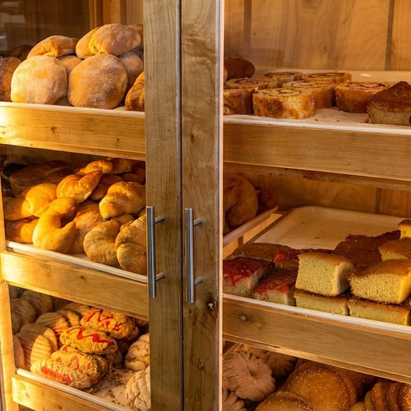 A glass display case filled with various baked goods, including breads, pastries, and cakes.