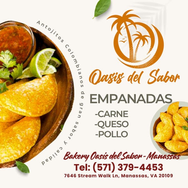 Golden empanadas with lime and salsa, advertising Oasis del Sabor Colombian bakery.
