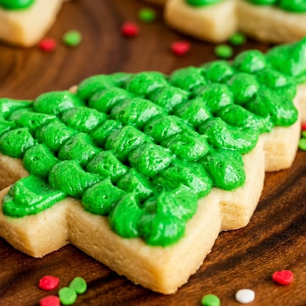 A Christmas tree-shaped sugar cookie with green frosting and red and green sprinkles on a wooden surface.
