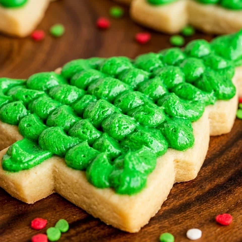A Christmas tree-shaped sugar cookie with green frosting and red and green sprinkles on a wooden surface.