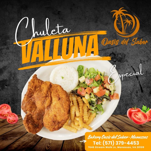 Chuleta Valluna special with fried pork, rice, fries, and salad on a white plate.